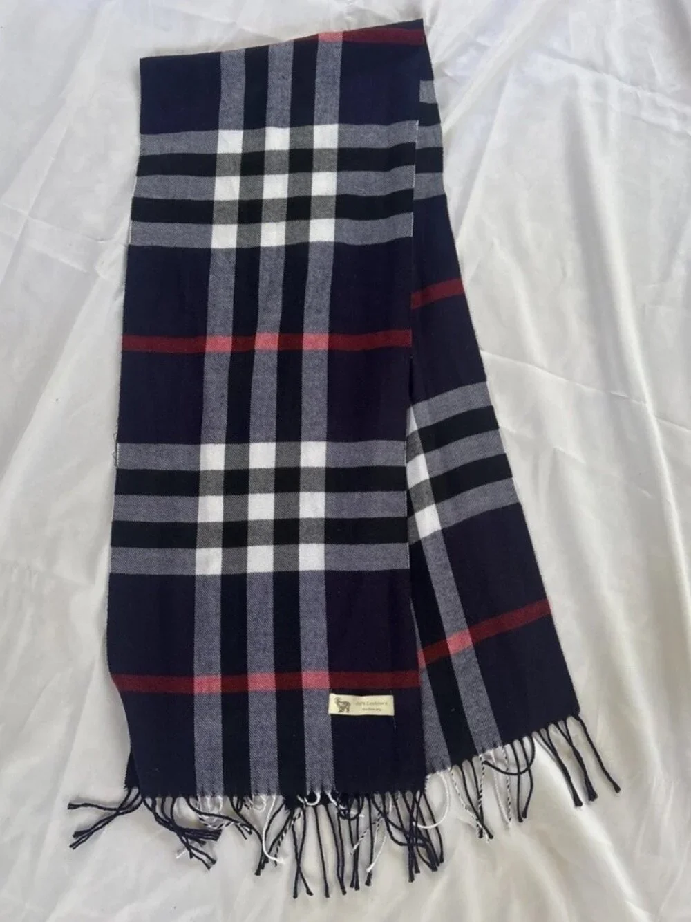 100% Cashmere Plaid Scarf Navy Red White Fringe Winter Unisex Cozy Classic Desig